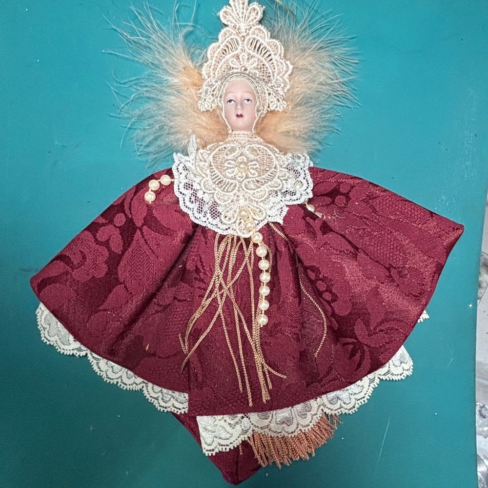 Burgundy Damask‎ Lace Feather Victorian Tassel Doll 11in